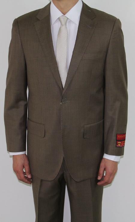 Men's Classic 2 Button Super 140's Suit in Taupe - Light Olive  Mantoni Brand - 100% Percent Wool Fabric Suit - Worsted Wool Business Suit