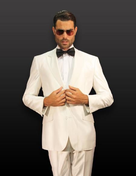 Shiny Flashy Sharkskin White 2 Button Shiny Suit For Men