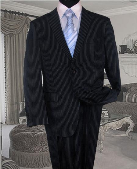 Navy With White Pinstripe Conversative 2 Button Flat Front Men's Business ~ Wedding 2 piece Side Vented Suit