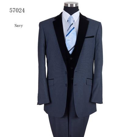 Style#-B6362 Two Tones Black Lapeled Vested Formal Dinner Suit Dark Navy Fashion Tuxedo For Men  - Three Piece Suit