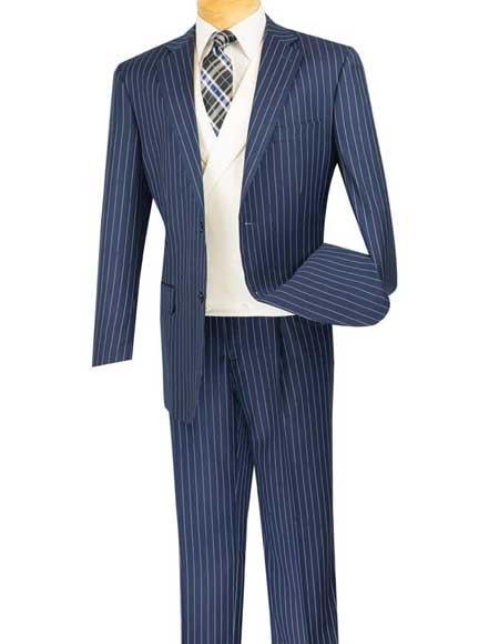 Bold Chalk Pronounce Stripe ~ Pinstripe Blue Men's 2 Button Striped 1920's 30's Fashion Vintage Pattern No Vest Included Fashion Suit
