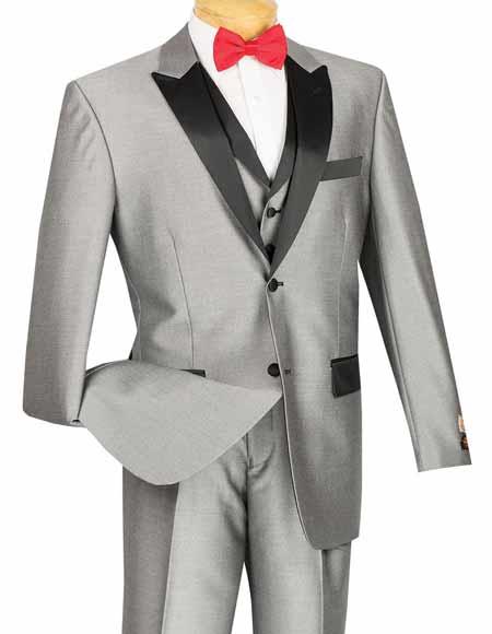 Vinci Men's 3 Piece Classic Retro Style 2 Button Shiny Gray Tuxedo Entertainer Suit