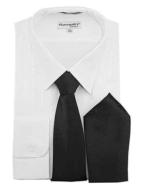 Men's 100% Cotton White Lay Down Collar 3/4 Pleats Dress Tuxedo Shirt