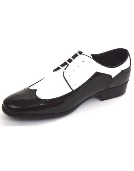 Black And White Wing Tip with Glossy Finish Tuxedo Shoes 