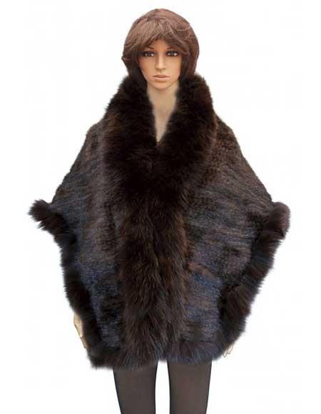 Fur Brown Genuine Knitted Mink Cape With Fox