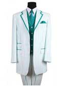 SKU#PN_B63 Mens 3 Button Single Breasted 35 Inch White/Turquoise Seersucker Pinstriped Tuxedo Look Vested 3 Piece  