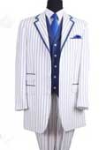 
SKU#PNL66 Mens 3 Button Single Breasted 35 Inch White/Blue Seersucker Pinstriped Tuxedo Look Vested 3 Piece
