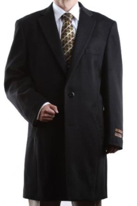 Men's Single Breasted Black Luxury Wool/Cashmere Three-quarter Length ...