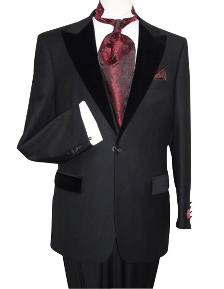 Men's Black Wool Formal Tuxedo Suit Velvet Trim Peak Lapel One Button
