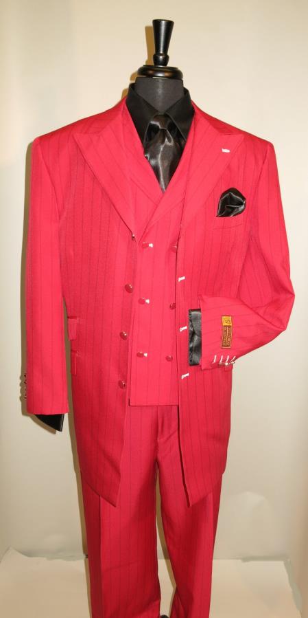 SKU#KA6204 Vested Mens Suit Red with Black Pin Stripe three