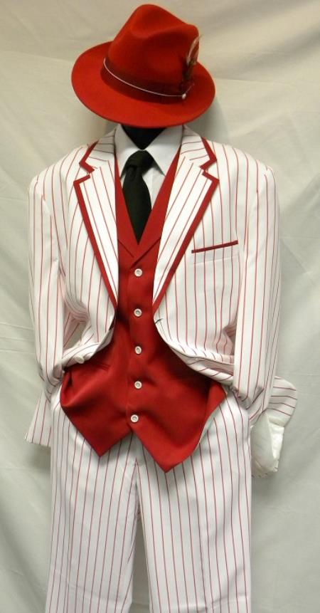 Bold Chalk Gangster Milano Moda White with Red Stripe ~ Pinstripe Vested Zoot Suit Costume 1930s 1930 https://goo.gl/4g02NJ