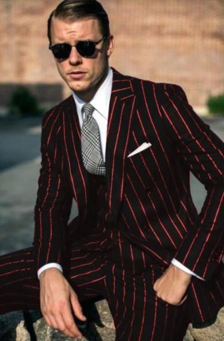 Men's 3 Piece Black & Red Stripe ~ Pinstripe Vested 3 ~ Three Piece Suit 3 Piece lapeled vest