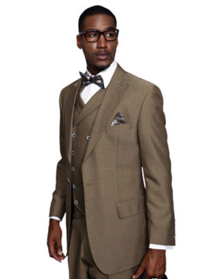 Mens Taupe 2 Button 1 Wool 3 Piece Vested Suit Pleated Pants ...