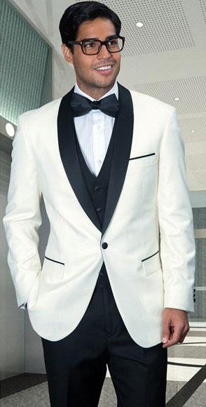 Statement Confidence Men's Off White Modern Fit One Button Shawl (Black) Collar Three Piece Fashionable Tuxedo