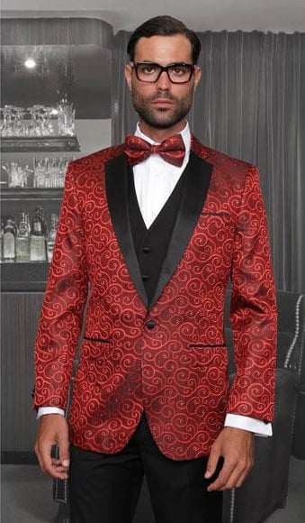 Lapel Tuxedo Vested Style Shiny Red One Button  Three Piece New Fashion Tuxedo Suits Flat Front Pants For Men  - Red Tuxedo