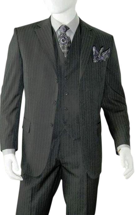 Charcoal Grey Pinstripe ~ Three ~ 3 Buttons Stripe Vested Wool Suit 
