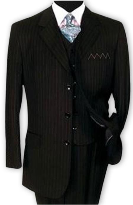 Men's Black 3 Button Vested Stripe ~ Pinstripe Suit