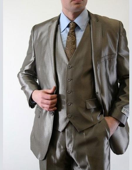 Men's Silky Shiny 2 Button Single 3 Piece Suit Slim Fit Grey Suit