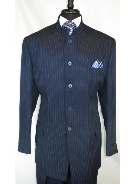 Men's Mandarin Banded Collar Navy Pinstripe Pattern 5 Button Suit