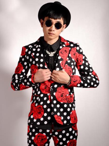 Men's Flower/Polka Dot Pattern Black Red Peak Lapel Party Slim Blazer