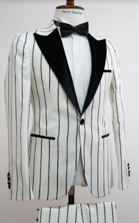 Men's White and Black Pinstripe 2 Button   Vest Suit