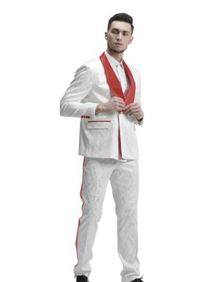 Mens 1 Button Shawl Lapel White And Hot Red Wedding / Prom Outfit Tuxedo Suit + White Pants & White Vest
