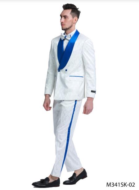 Alberto Nardoni White And Royal Blue Lapel Shawl Collar Tuxedo Vested 3PC 3 Pieces Suits Wool 1 Button Dress Suits For Men
