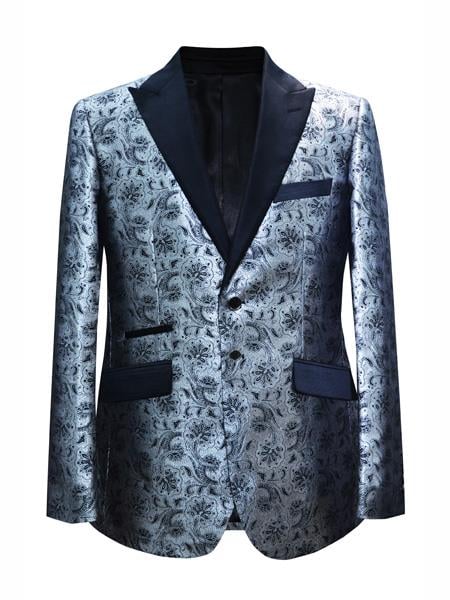 Style#-B6362 Men's 2 Button Floral Designed Silver Sport Coat Blazer