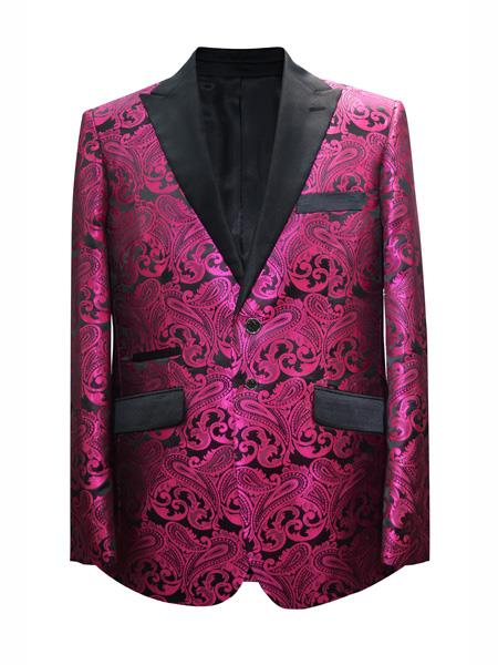 Men's 2 Button Paisley Designed Hot Pink Sport Coat Blazer Two Toned Tuxedo Mix With Black Dinner Jacket