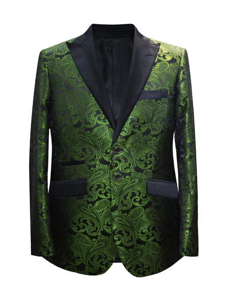 Men's 2 Button Paisley Designed Dark Green ~ Hunter Sport Coat Blazer Two Toned Tuxedo Mix With Black Dinner Jacket