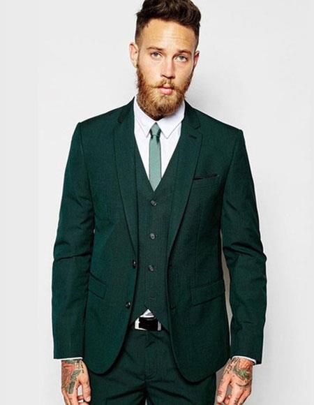 Men's Slim Fit Hunter Army Green Very Dark Olive Side Vented Wool Suit