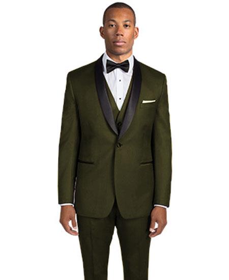 Men's Dark Olive Green 1 Button Shawl Lapel Slim Fit Tuxedo - Wool