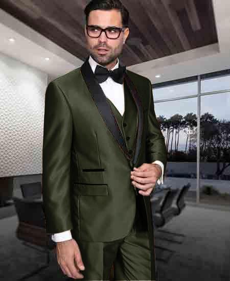 Men's 1 Button Shiny Tuxedo Modern Fit Vested Suit Dark Olive Green