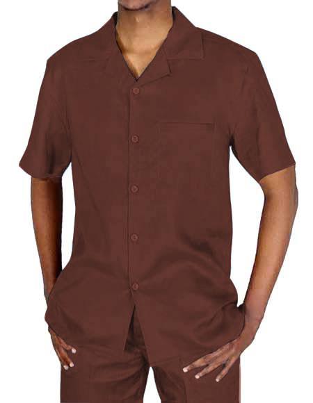 Mens Linen Suit - Mens Collared Button Closure Brown Short Sleeve Shirt Walking Leisure Suit