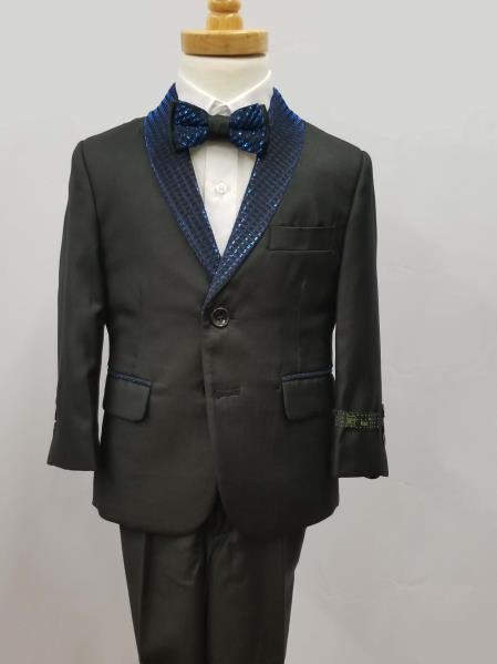Men's Two Button Jacket Shawl Lapel Suit Black with Blue
