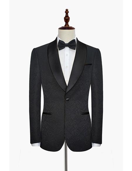 Men's Pure Black Double Vent Besom Pocket Floral Pattern Shawl Lapel Suit