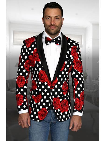 Men's Black and Red Floral Polka Dots Pattern Cheap Priced Sport Coats