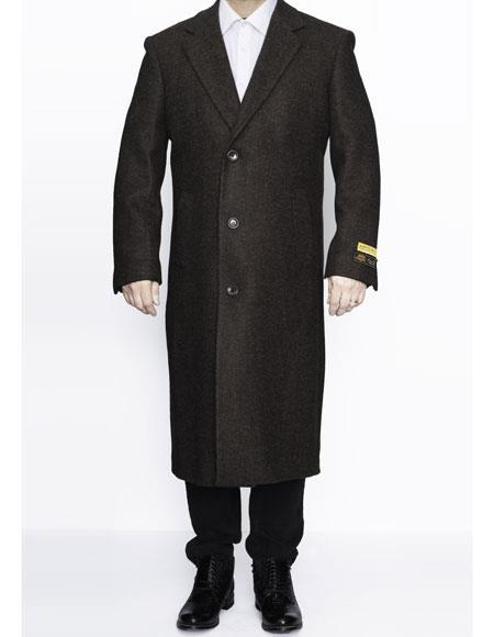 Men's Brown Three Button Notch Lapel Full Length Overcoat