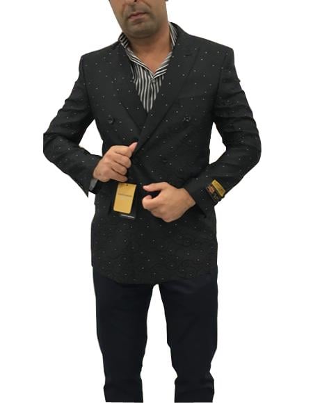 Men's Double Breasted Polka Dot Black Cuff Link Blazer Sport Coat Blazer