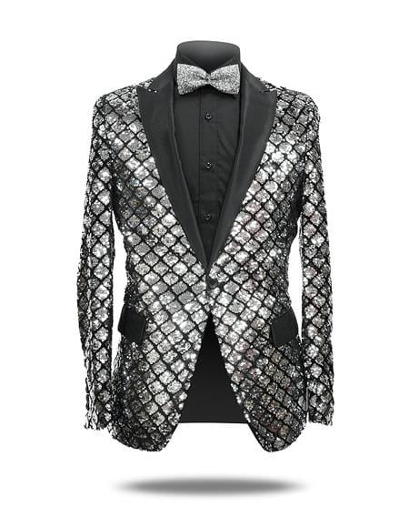 Men's Silver ~ Black One Button Slim Fit Cheap Priced Designer Fashion Dress Casual Blazer On Sale Sequin Shiny Flashy Stage ~ Prom Fancy Blazer