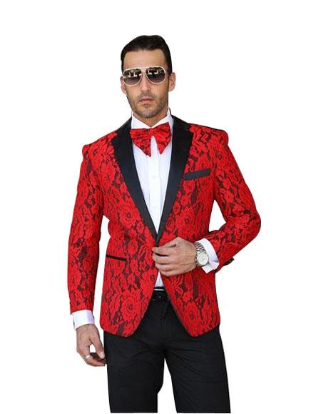 SKU#SR24 Mens Red Single Breasted Notch Lapel Floral Pattern Paisley ...