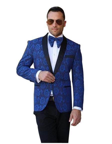 Mens Royal Blue Dinner Jacket Tuxedo Shawl Lapel Floral Pattern Blazer ...