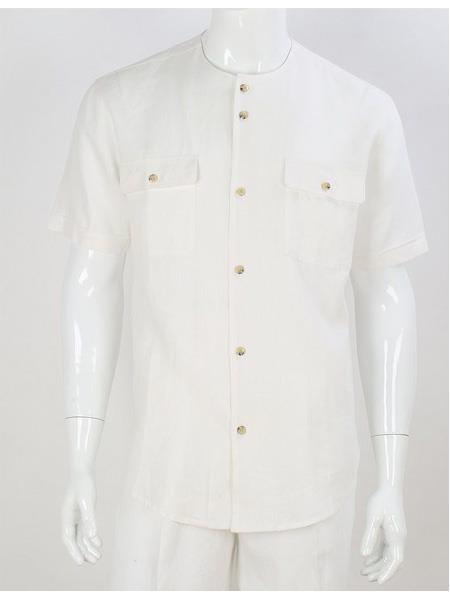 Men's Apollo King Six Button Shirt  Short Sleeve Linen  Walking Suit With Pants No Collar Casual Shirt 