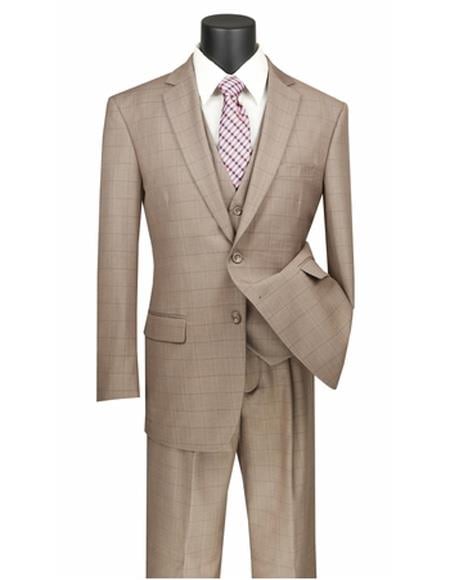 Plaid ~ Window Pane 2 button Vested 3 Piece Suit Regular Fit Tan