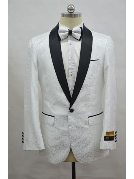 White And Black Two Toned Paisley Floral Blazer Tuxedo Dinner Jacket Fashion Sport Coat
