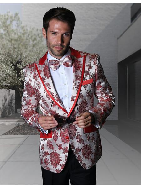 SKU#SR155 Mens Paisley ~ Floral ~ Flower Fancy White And Red Tuxedo ...