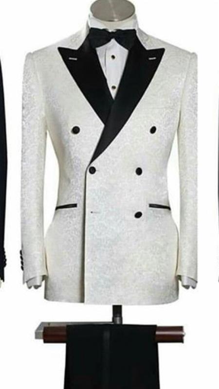 Men's White and Black Floral ~ Paisley Lapel Double Breasted Suit Jacket Tuxedo Men's Dinner Jacket