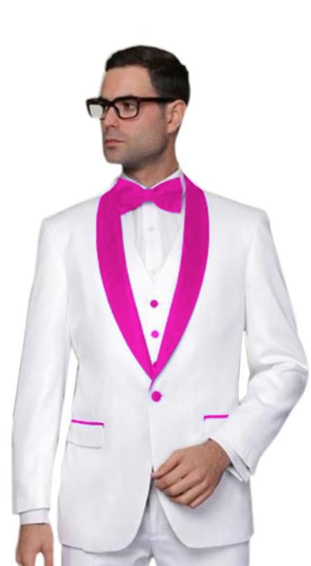 Prom ~ Wedding ~ Groom Attire White And Hot Pink ~ Fuchsia Tuxedo Suit Vest + Pants Jacket