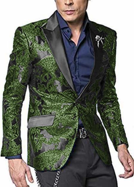 Alberto Nardoni Shiny Jacket Dark Green ~ Hunter Tuxeod Dinner Jacket Blazer Sport Coat Paisley Floral Pattern Mix Two Toned
