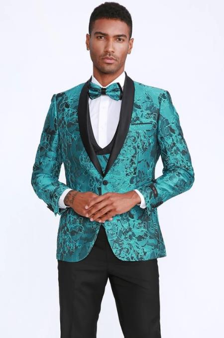 Blue  Turquoise Men's Printed Patterned Print Floral Tuxedo